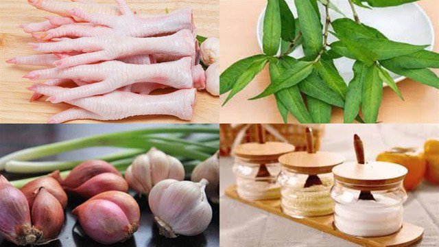 Nguyên liệu làm chân gà hấp rau răm.