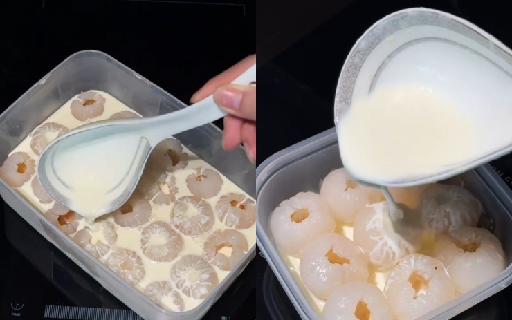 Bạn xếp cùi vải vào hộp hoặc khuôn tùy thích. Rót hỗn hợp sữa còn nóng lên trên cho ngập phần vải.