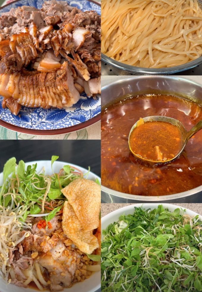 Các nguyên liệu Tăng Thanh Hà chuẩn bị cho món cao lầu: sợi mì, xá xíu, nước xốt, rau sống, giá đỗ,...