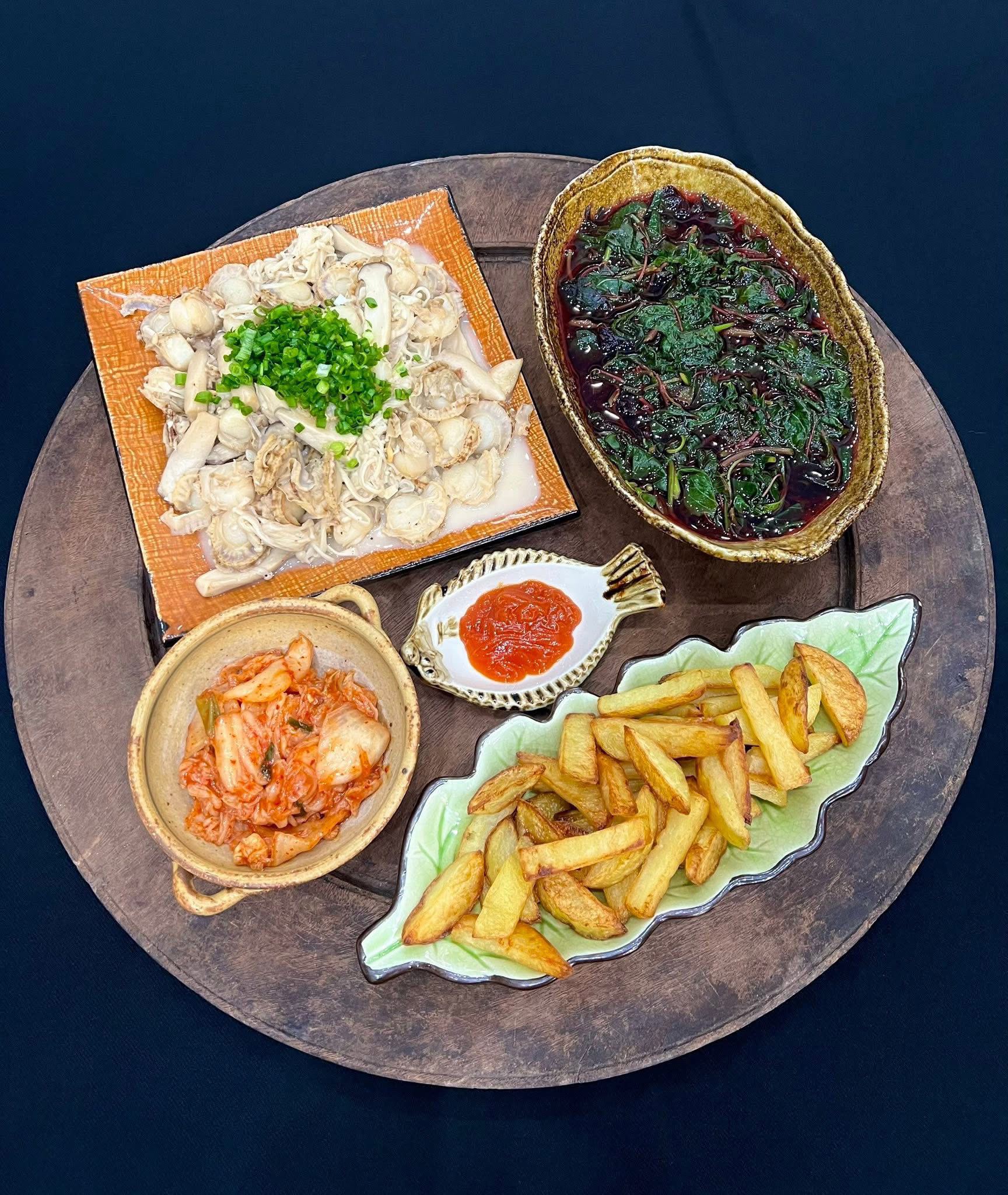 Canh rau dền - Sò điệp xào nấm - Khoai tây chiên